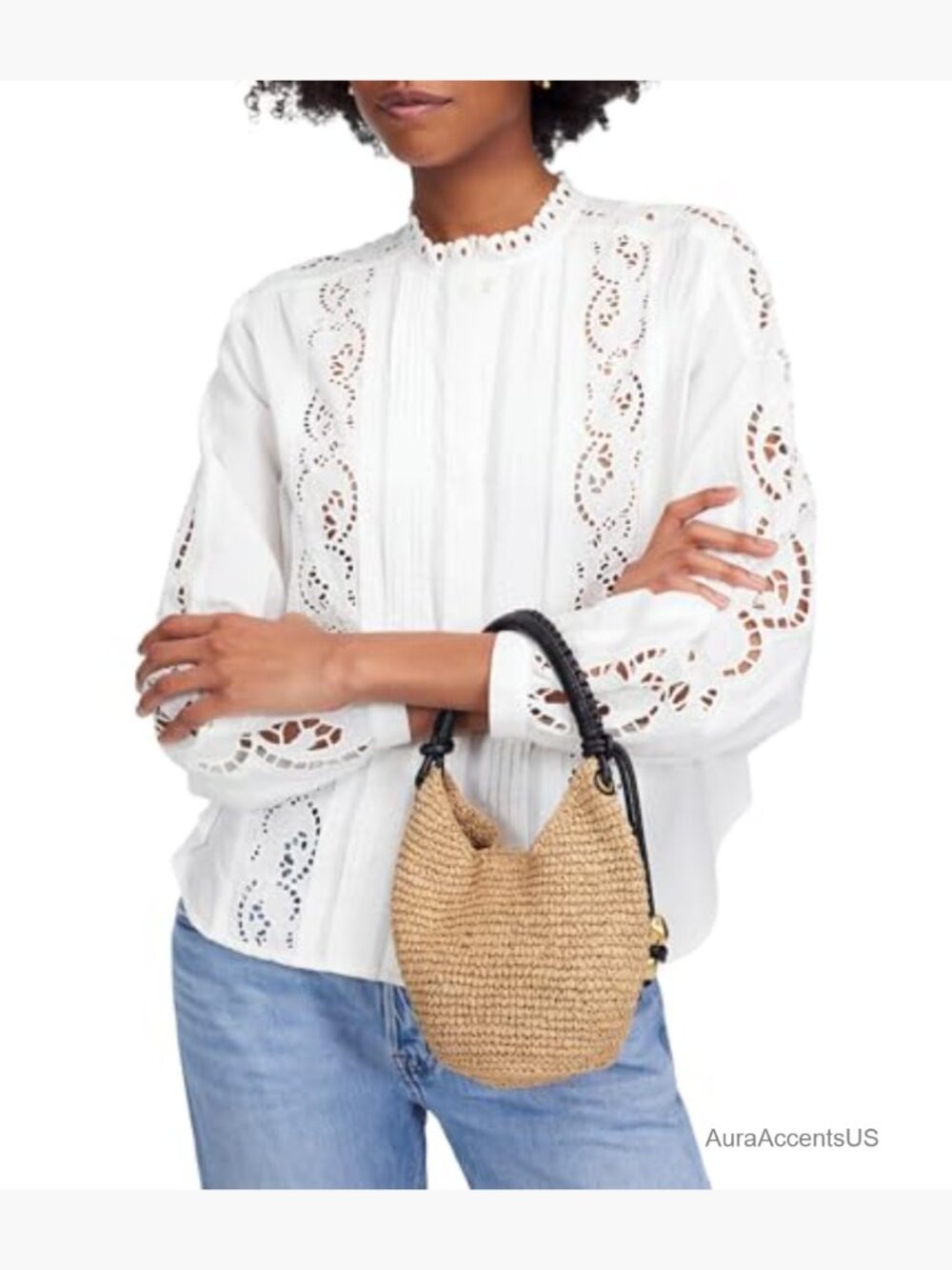 Mini Woven Straw Shoulder Bag with Bead Accents - Picture 3 of 7